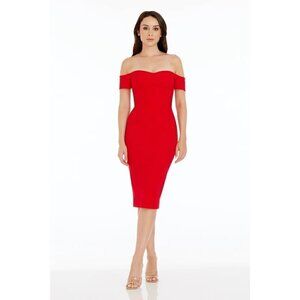 DRESS THE POPULATION Bailey Off the Shoulder Body-Con Dress in Rouge X-Small